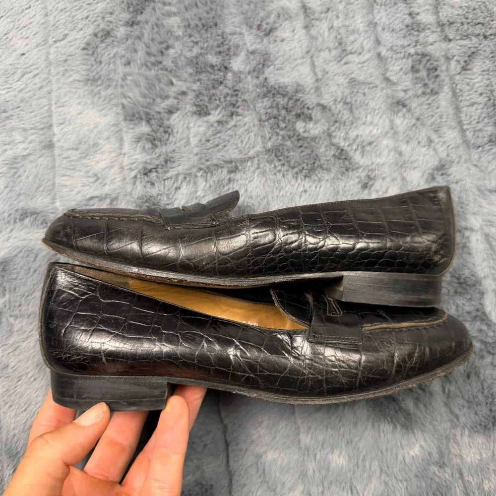 Ralph Lauren Collection Black Croc Embossed Leather Penny Loafers Italy 5.5B